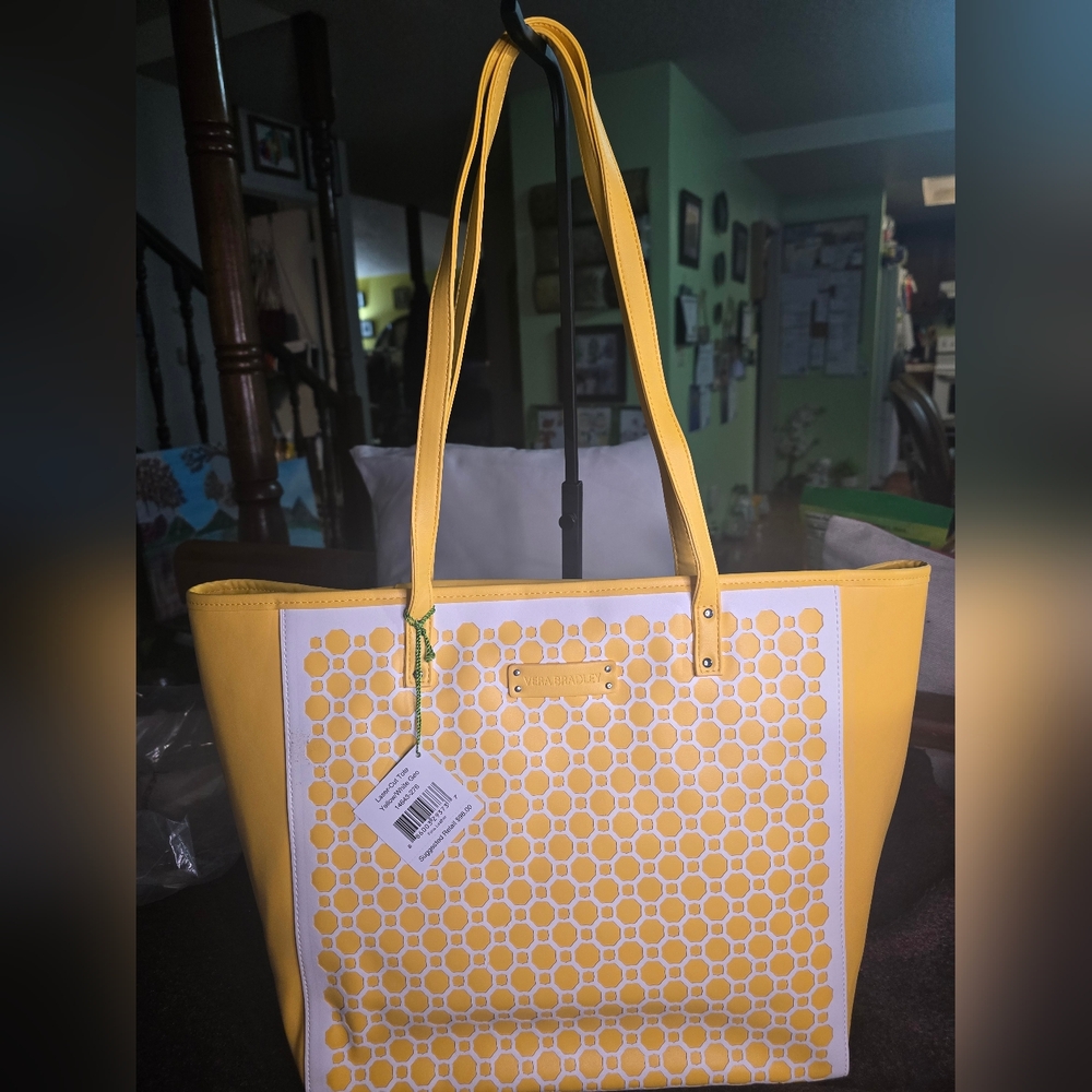 Vera Bradley Yellow Tote Bag with White Pattern - New With Tags